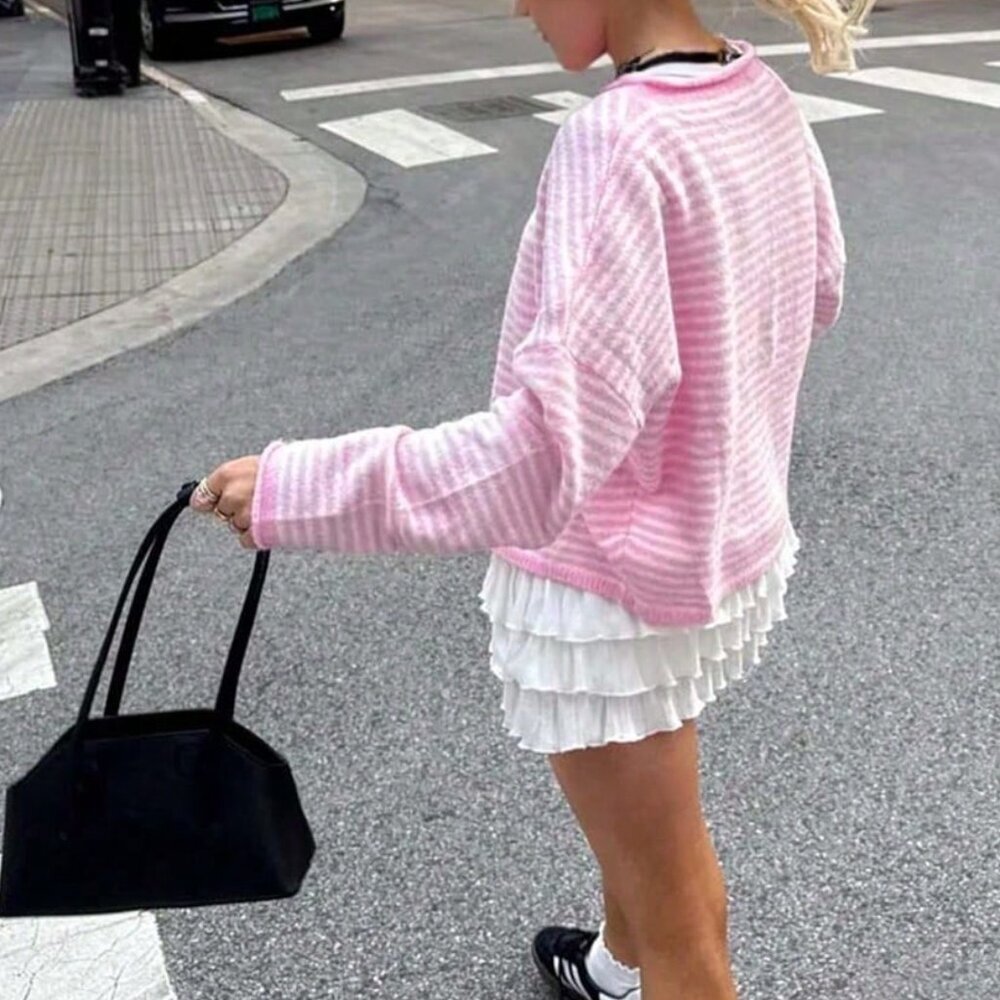 Pink Loose Women's Striped Knit Cardigan - Picture 2 of 7
